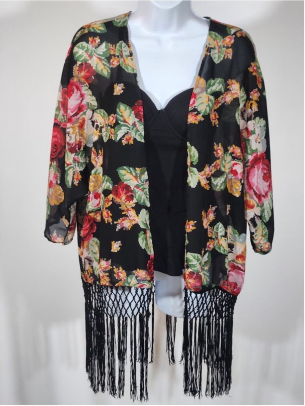 Quinn Boho Floral Fringe Kimono Cardigan Sheer Festival Wrap Medium